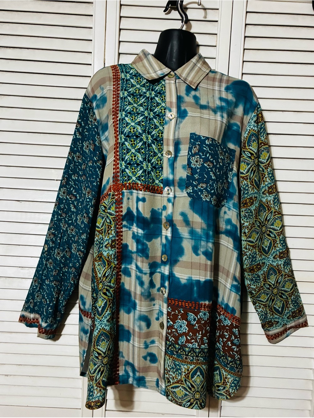 John Mark Teal Blue and Brown Patchwork Button-Down Shirt